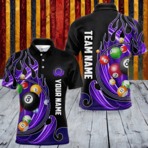 3D Billiard Balls Fire Flame Custom Pool Shirts For Men, Billiard League Team Jerseys | Purple TDM3753