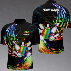 Men's bowling Quarter Zip shirts Custom Rainbow flame Bowling ball and pins Team league bowler Jersey NQS6807