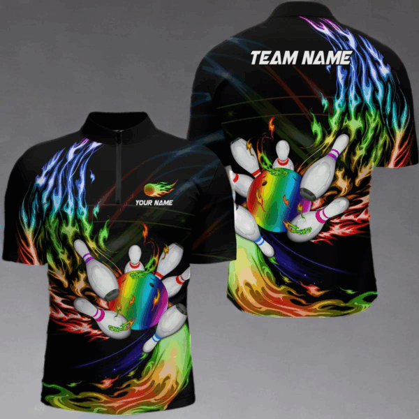 Men's bowling Quarter Zip shirts Custom Rainbow flame Bowling ball and pins Team league bowler Jersey NQS6807