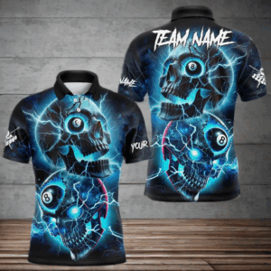 Personalized Blue Billiard 8 Ball Skull Billiard Polo & 1/4 Zip For Men, Lightning Billiard Jerseys TDM3747