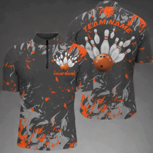 Black And Orange Camo Bowling Team Shirts Custom Men Quarter Zip Shirts Bowling League Shirts IPHW5361