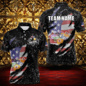 Personalized Grunge Black American Flag Billiard Shirts For Men Custom 8 Ball Pool Billiard Jersey TDM3743