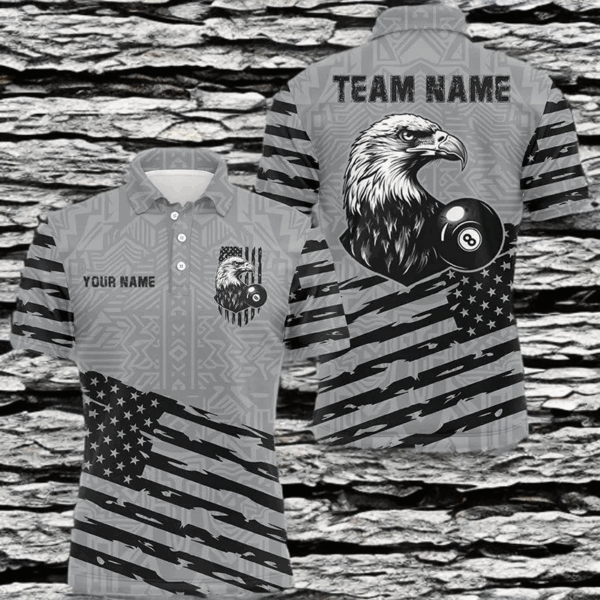Personalized Grey US Flag Eagle Billiard Shirts For Men Custom Patriotic Billiard Pool Jerseys TDM2221