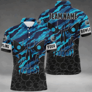 Personalized Skull Bowling Shirt for men Custom Team's Name blue camo Bowler Jersey Polo Shirt NQS6410