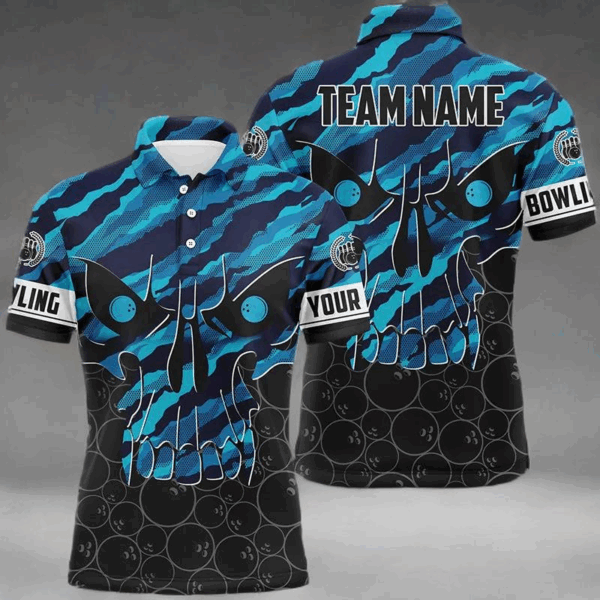 Personalized Skull Bowling Shirt for men Custom Team's Name blue camo Bowler Jersey Polo Shirt NQS6410