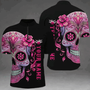 Pink Sugar Skull Tattoo Custom Unisex Bowling Quarter Zip Shirts, Halloween Team Bowling Jerseys IPHW5243