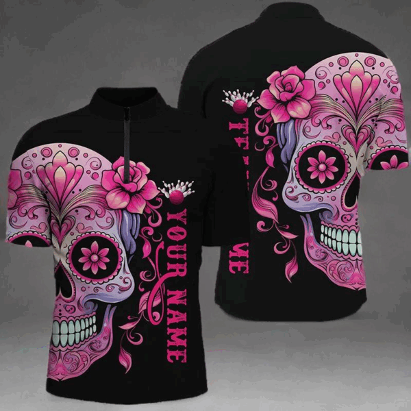 Pink Sugar Skull Tattoo Custom Unisex Bowling Quarter Zip Shirts, Halloween Team Bowling Jerseys IPHW5243