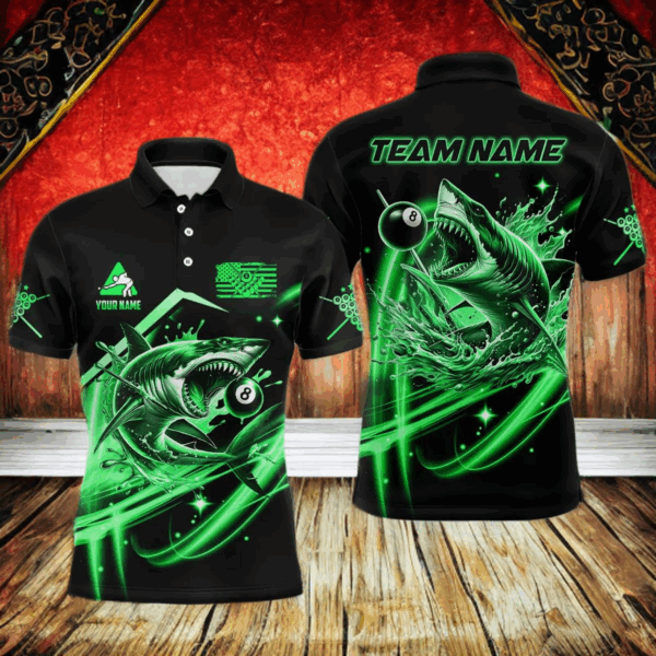 Green 8 Ball Pool Billiard Shark Polo & Quarter Zip For Men Custom Team League Billiard Jersey TDM3732