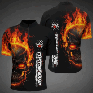 Flame Skull American Flag Custom Team Bowling Shirts For Men, Patriotic Bowling Shirt IPHW5144