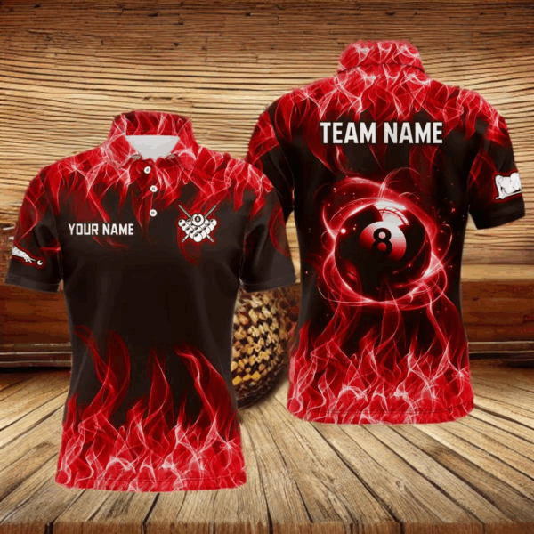 Red Flaming 8 Ball Pool Shirts Men Billiard Polo & 1/4 Zip Shirts Billiard Team Jerseys NNT10