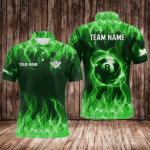 Green Flaming 8 Ball Pool Shirts Men Billiard Polo & 1/4 Zip Shirts Billiard Team Jerseys NNT10
