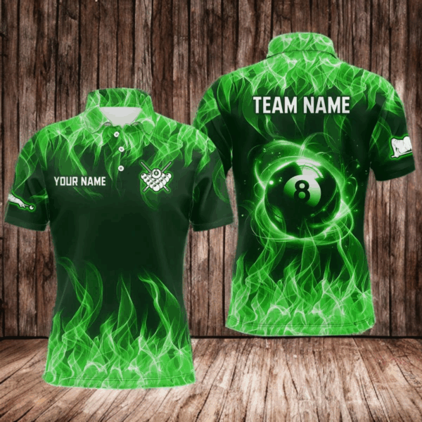 Green Flaming 8 Ball Pool Shirts Men Billiard Polo & 1/4 Zip Shirts Billiard Team Jerseys NNT10