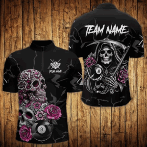 Personalized Pink Funny Skull Roses 8 Ball Billiard Shirts For Men Custom Pool Team Shirts TDM3729