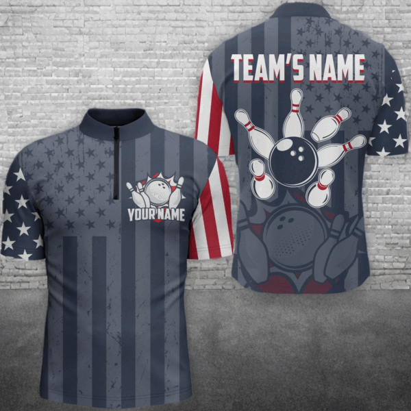 Custom Bowling Quarter Zip Shirt For Men USA Flag Bowling Jersey 1/4 Zip Bowling Team Shirt BDT49