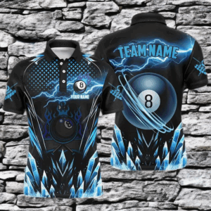 Personalized Blue Icy Lightning 8 Ball Pool Men Polo Shirts Custom Billiard Team League Jersey TDM1328