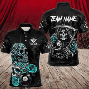 Personalized Funny Turquoise Skull Roses 8 Ball Billiard Shirts For Men Custom Pool Team Shirts TDM3728