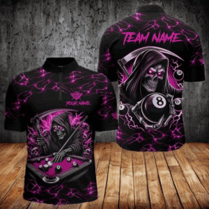 Pink Funny Death Skeleton 8 Ball Pool Men Billiard Shirts Custom Lightning Billiard Jerseys TDM3727