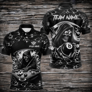 Black White Funny Death Skeleton 8 Ball Pool Men Billiard Shirts Custom Lightning Billiard Jerseys TDM3726