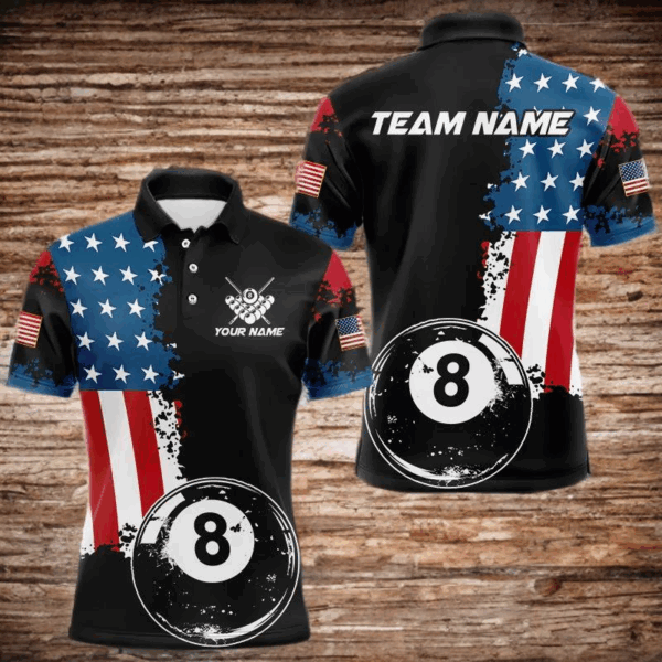 Personalized Grunge 8 Ball Pool American Flag Billiard Shirts For Men, US Flag Billiard Jerseys TDM3718