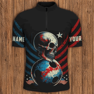 Customize Vintage American Flag Skull Bowling Shirts For Men, Men'S Quarter Zip Shirts Bowling Team IPHW3862