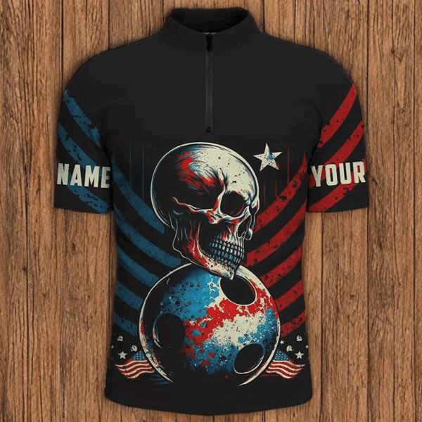 Customize Vintage American Flag Skull Bowling Shirts For Men, Men'S Quarter Zip Shirts Bowling Team IPHW3862