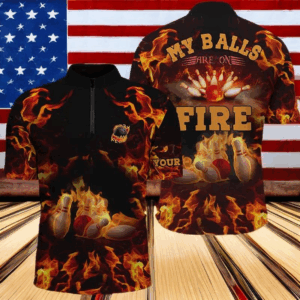 Flame bowling shirt custom my balls are on fire bowling Quarter Zip shirts for men, bowling jersey NQS4865
