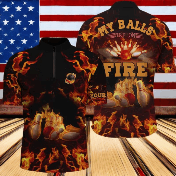 Flame bowling shirt custom my balls are on fire bowling Quarter Zip shirts for men, bowling jersey NQS4865