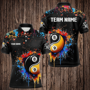 Funny Ying And Yang 8 Ball & 9 Ball Colorful Splash Custom Billiard Shirt For Men, Billiard Jersey TDM3703