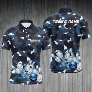 Blue Camo Bowling Men's Polo Shirt, Custom Team Name Short Sleeve Men Bowling Jersey NBP94
