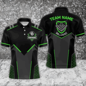 Personalized Style Black Green 8 Ball Billiard 3D Polo Shirts For Men, 8 Ball Pool Team Jerseys VHM1058