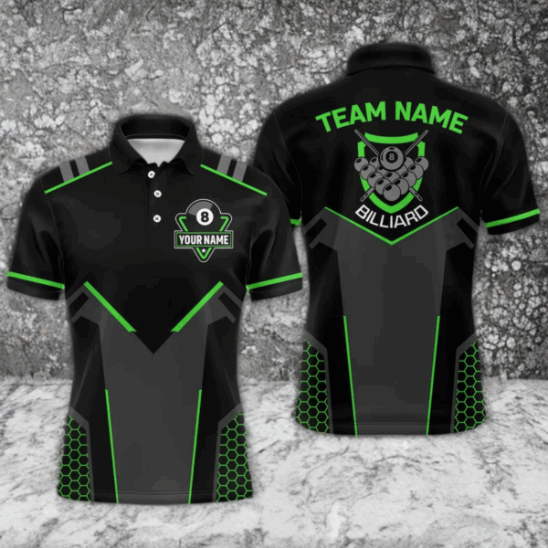 Personalized Style Black Green 8 Ball Billiard 3D Polo Shirts For Men, 8 Ball Pool Team Jerseys VHM1058