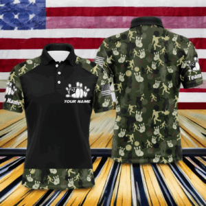 Personalized Men Polo Bowling Shirt Camo Balls and Pins Team Short Sleeves Men Bowlers Jersey NBP12