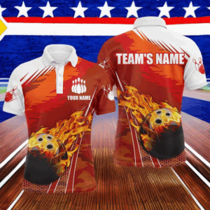 Flame Polo Men's Bowling Shirt, Custom Name Team Bowlers Jersey Short Sleeve NBP96