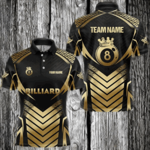 Customized 8 Ball Pool Crown Men Billiard Shirts, Gold And Black Billiard Team Shirts Pool Jerseys TDM3688