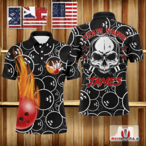 Personalized Men Flame Polo Bowling Shirt Cool Skull Pins Black Bowling Short Sleeve Men Bowlers NBP02