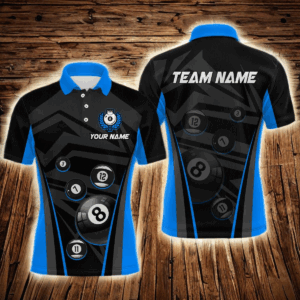 Blue Billiard Jersey Men 8 Ball Crown Billiard Custom Billiard Shirt for Men Billiard Team Jersey Polo & 1/4 Zip NNT34