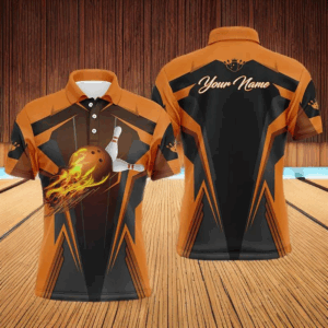 Personalized Men Bowling Polo Shirt Flame Bowling Ball and Pins, bowling polo for men bowlers | Orange NQS4528