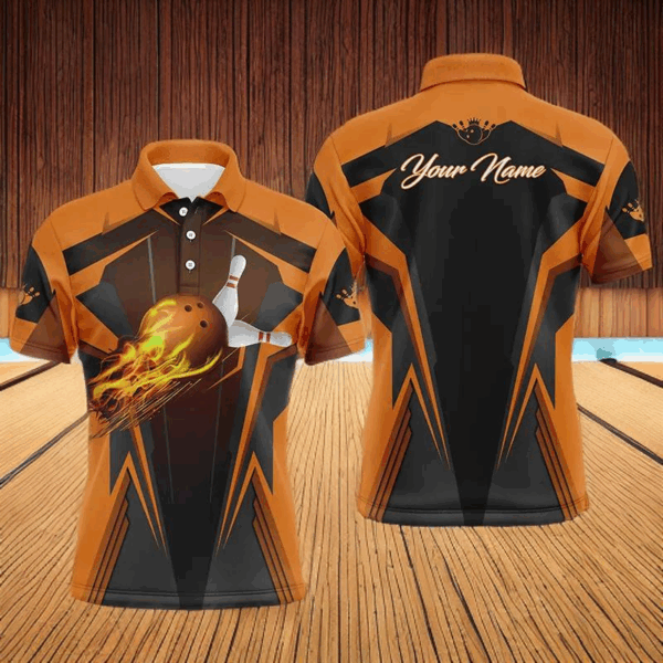 Personalized Men Bowling Polo Shirt Flame Bowling Ball and Pins, bowling polo for men bowlers | Orange NQS4528