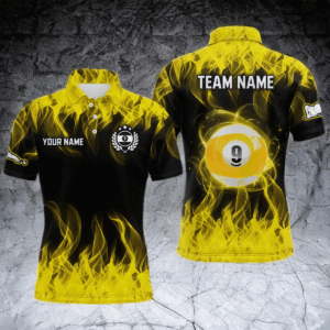Personalized Yellow Flaming Billiard Jerseys 9 Ball Pool Billiard Shirts for Men Team Polo & 1/4 Zip Shirt NNT32