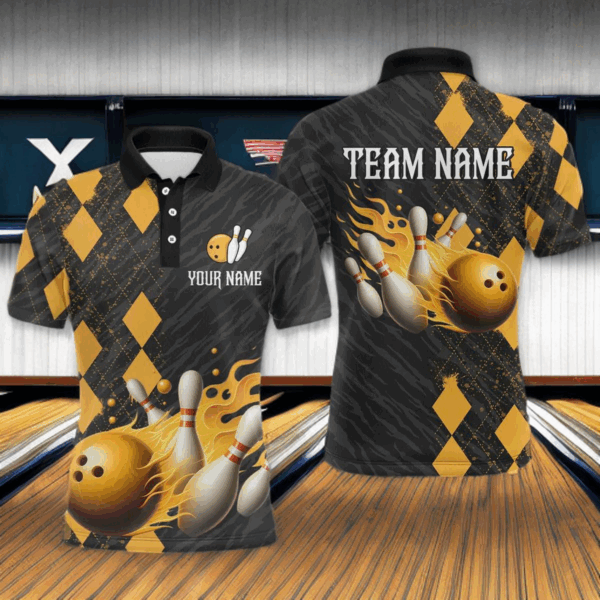 Flame Yellow Bowling Team Shirt Custom Bowling Jersey for Men Women Flame Polo Shirt QZT679