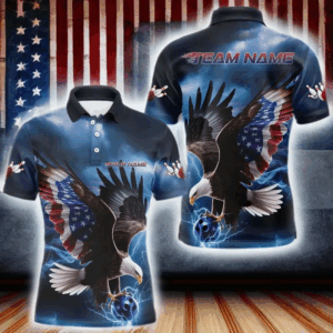 Custom Blue Lightning Patrotic Eagle Bowling Men Polo Shirt, US Flag Bowling Team Shirt IPHW8938