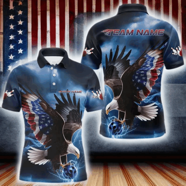 Custom Blue Lightning Patrotic Eagle Bowling Men Polo Shirt, US Flag Bowling Team Shirt IPHW8938