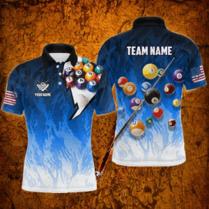 Personalized Blue Pool Player Billiard 8 Ball Polo & 1/4 Zip For Men Custom Billiard Shirts Jerseys TDM3656
