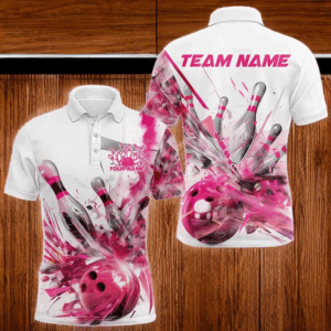 Custom White And Pink Custom Bowling Polo Shirts For Men, Bowling Tournament Team Shirt IPHW8460