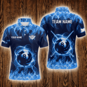 Personalized Blue Flaming Billiard Jerseys 8 Ball Pool Billiard Shirts for Men Team Polo & 1/4 Zip Shirt NNT29