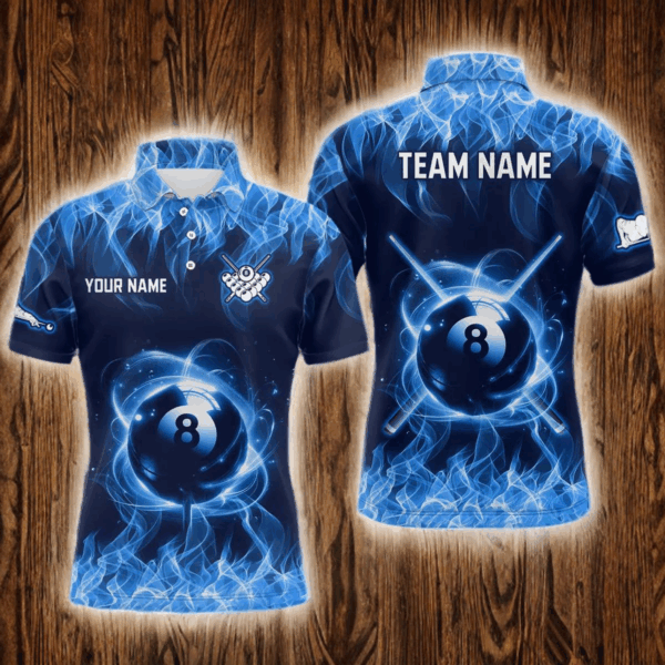 Personalized Blue Flaming Billiard Jerseys 8 Ball Pool Billiard Shirts for Men Team Polo & 1/4 Zip Shirt NNT29