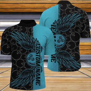 Black And Teal Blue Custom Bowling Ball And Wings Bowling Shirts For Men, Bowling Team Uniform IPHW7929