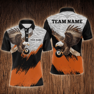 Funny Eagle Personalized Orange Camo Billiard 8 Ball Team Shirts For Men Billiard League Polo & 1/4 Zip Shirt NNT28