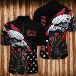 American Flag Eagle Custom Patriotic US Flame Bowling Shirts For Men, Black Bowling Team Uniform IPHW7923