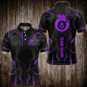 Customized 8 Ball Pool Crown Men Billiard Shirts, Purple And Black Billiard Team Shirts Pool Jersey TDM3665